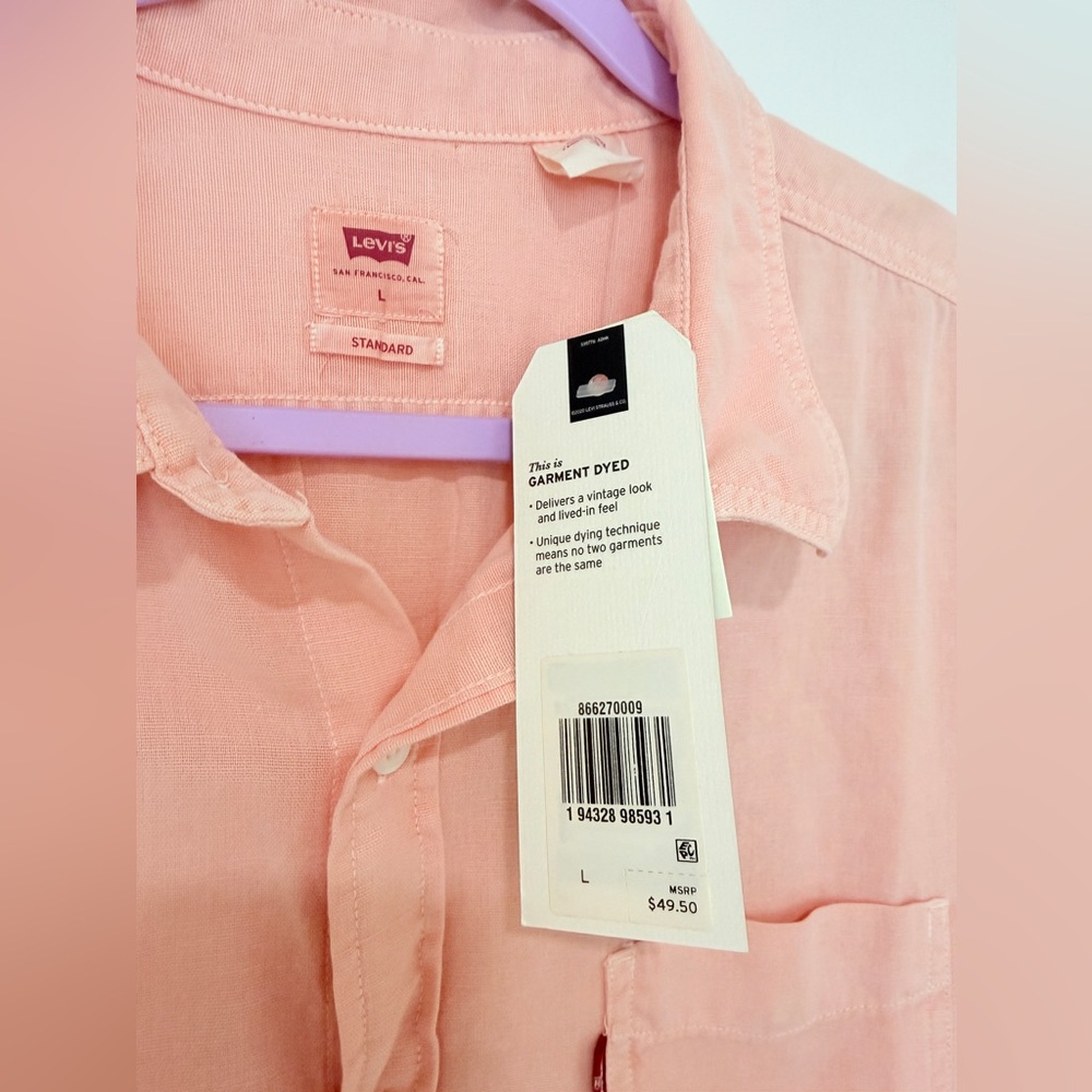 Levi’s Mens Garment Dyed Button Up Shirt Size L Peach Salmon Casual Short - Picture 4 of 7